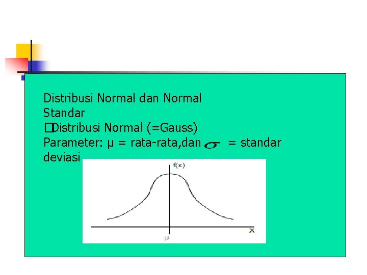 Distribusi Normal dan Normal Standar � Distribusi Normal (=Gauss) Parameter: µ = rata-rata, dan