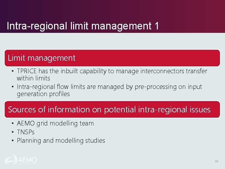 Intra-regional limit management 1 Limit management • TPRICE has the inbuilt capability to manage