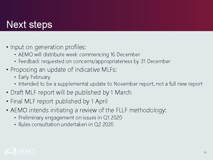 Next steps • Input on generation profiles: • AEMO will distribute week commencing 16