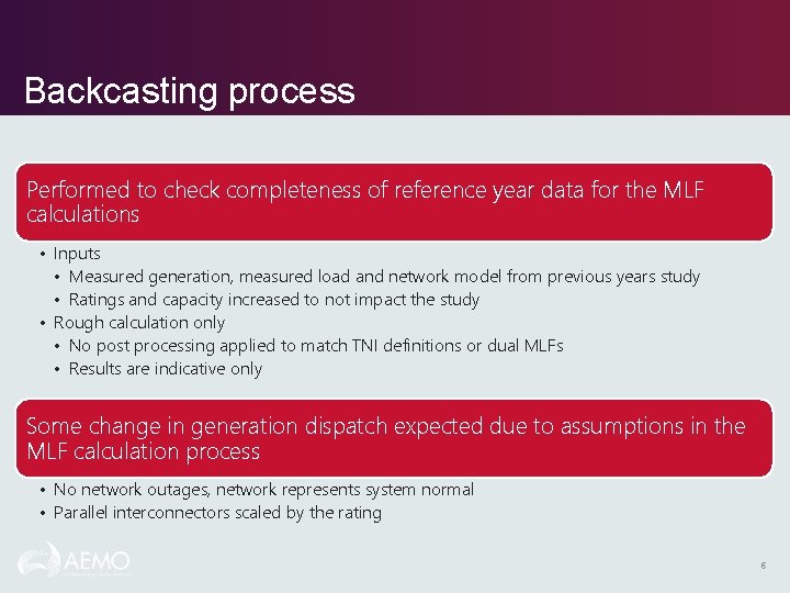 Backcasting process Performed to check completeness of reference year data for the MLF calculations