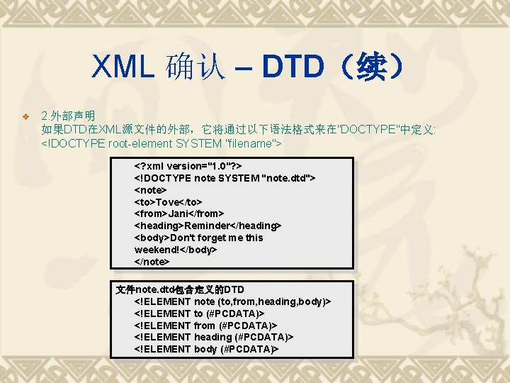 XML 确认 – DTD（续） v 2. 外部声明 如果DTD在XML源文件的外部，它将通过以下语法格式来在"DOCTYPE"中定义: <!DOCTYPE root-element SYSTEM "filename"> <? xml