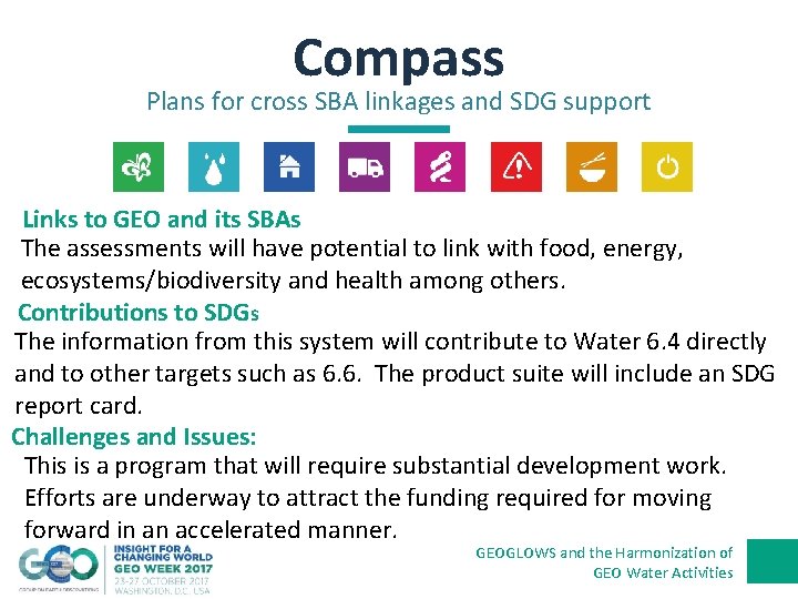 Compass Plans for cross SBA linkages and SDG support Links to GEO and its