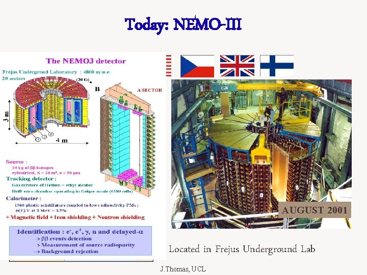 Today: NEMO-III AUGUST 2001 Located in Frejus Underground Lab J. Thomas, UCL 