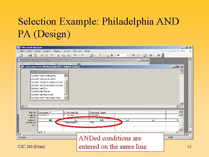 Selection Example: Philadelphia AND PA (Design) CSC 240 (Blum) ANDed conditions are entered on