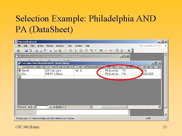 Selection Example: Philadelphia AND PA (Data. Sheet) CSC 240 (Blum) 13 