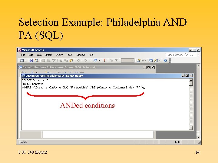 Selection Example: Philadelphia AND PA (SQL) ANDed conditions CSC 240 (Blum) 14 