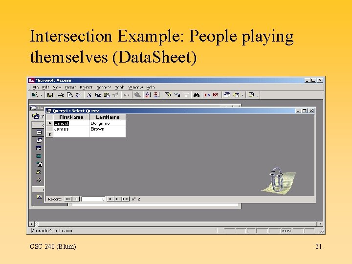 Intersection Example: People playing themselves (Data. Sheet) CSC 240 (Blum) 31 