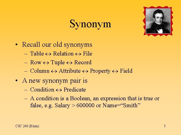 Synonym • Recall our old synonyms – Table Relation File – Row Tuple Record