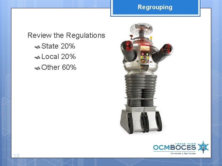 Regrouping Review the Regulations State 20% Local 20% Other 60% 19 