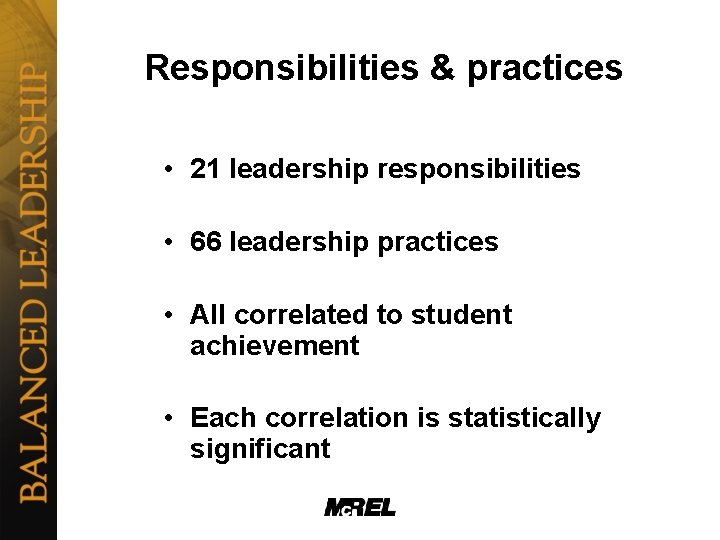 Responsibilities & practices • 21 leadership responsibilities • 66 leadership practices • All correlated