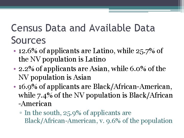 Census Data and Available Data Sources • 12. 6% of applicants are Latino, while