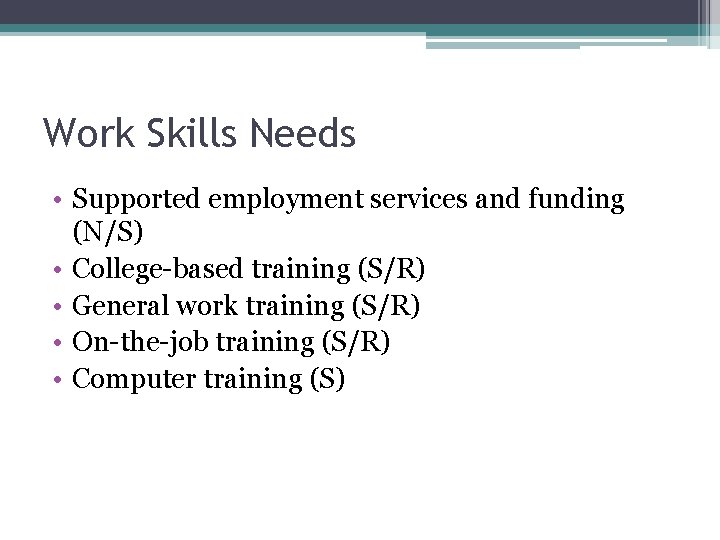 Work Skills Needs • Supported employment services and funding (N/S) • College-based training (S/R)