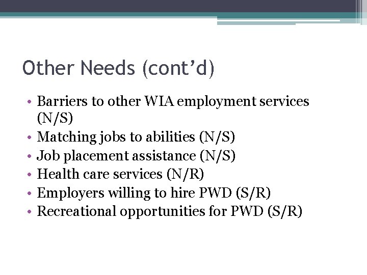 Other Needs (cont’d) • Barriers to other WIA employment services (N/S) • Matching jobs