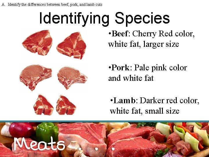 A. Identify the differences between beef, pork, and lamb cuts Identifying Species • Beef: