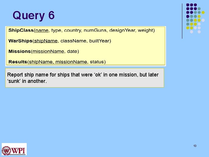Query 6 Report ship name for ships that were ‘ok’ in one mission, but