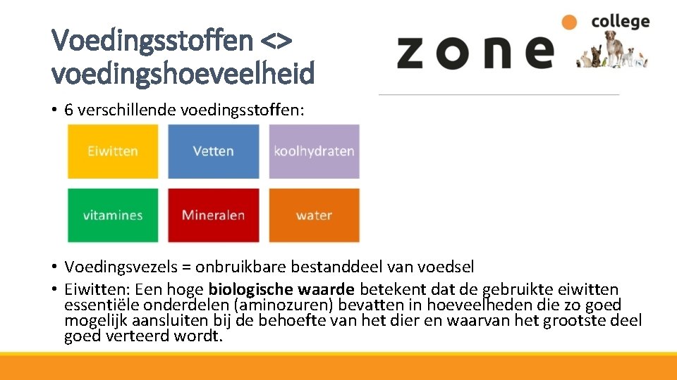 Voedingsstoffen <> voedingshoeveelheid • 6 verschillende voedingsstoffen: • Voedingsvezels = onbruikbare bestanddeel van voedsel