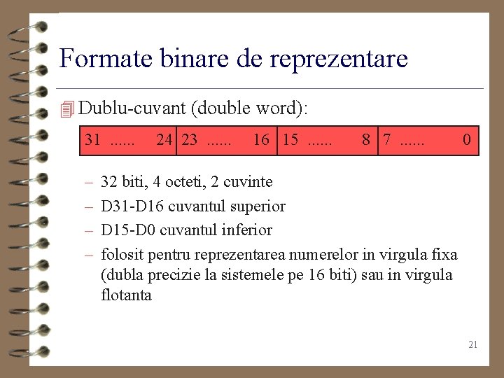 Formate binare de reprezentare 4 Dublu-cuvant (double word): 31. . . – – 24