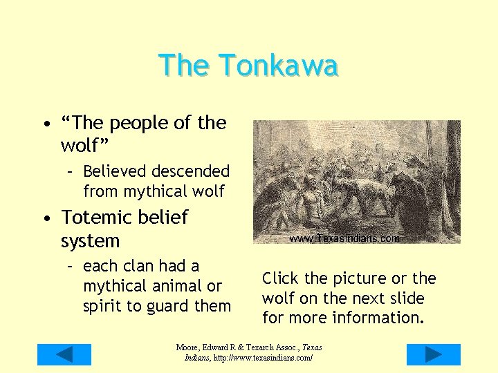 The Tonkawa • “The people of the wolf” – Believed descended from mythical wolf