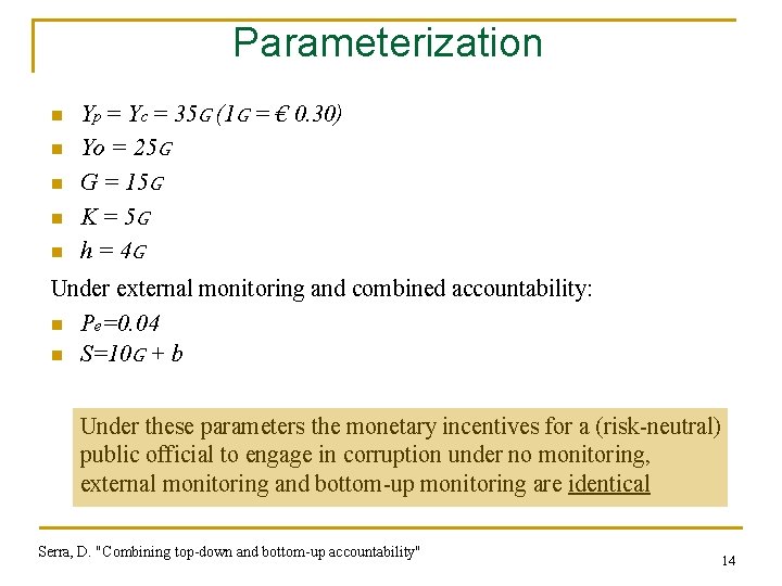 Parameterization n n Yp = Yc = 35 G (1 G = € 0.