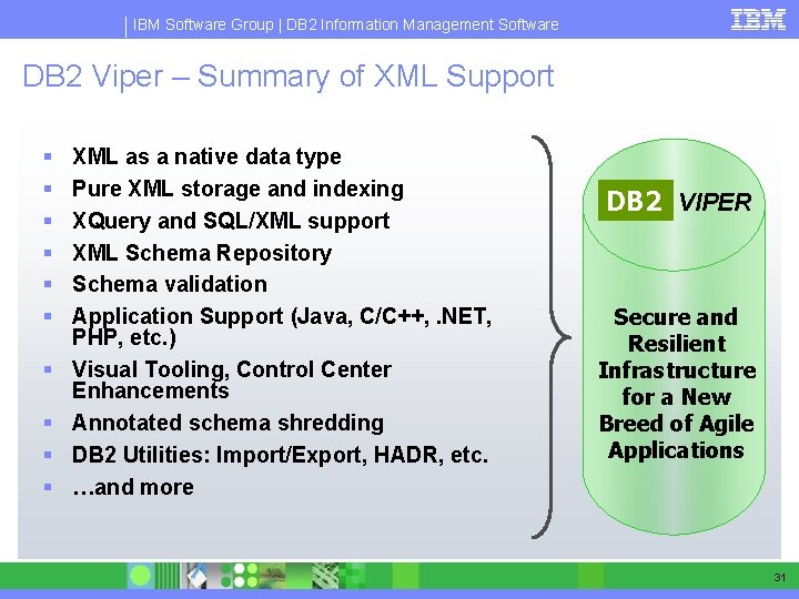 IBM Software Group | DB 2 Information Management Software DB 2 Viper – Summary