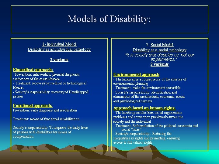 Models of Disability: 1 - Individual Model Disability as an individual pathology 2 variants