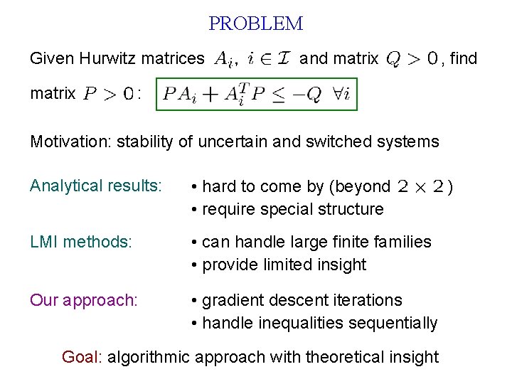 PROBLEM Given Hurwitz matrices matrix and matrix , find : Motivation: stability of uncertain
