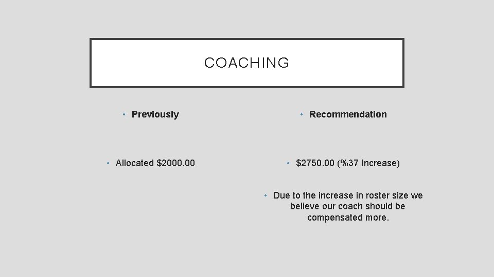 COACHING • Previously • Recommendation • Allocated $2000. 00 • $2750. 00 (%37 Increase)