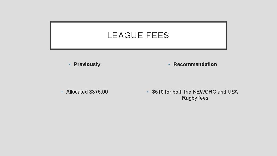LEAGUE FEES • Previously • Recommendation • Allocated $375. 00 • $510 for both
