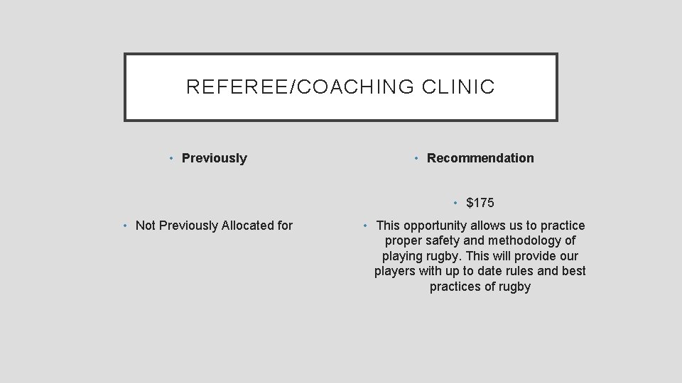 REFEREE/COACHING CLINIC • Previously • Recommendation • $175 • Not Previously Allocated for •