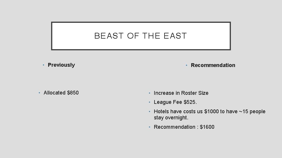 BEAST OF THE EAST • Previously • Allocated $850 • Recommendation • Increase in