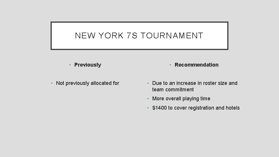 NEW YORK 7 S TOURNAMENT • Previously • Recommendation • Not previously allocated for