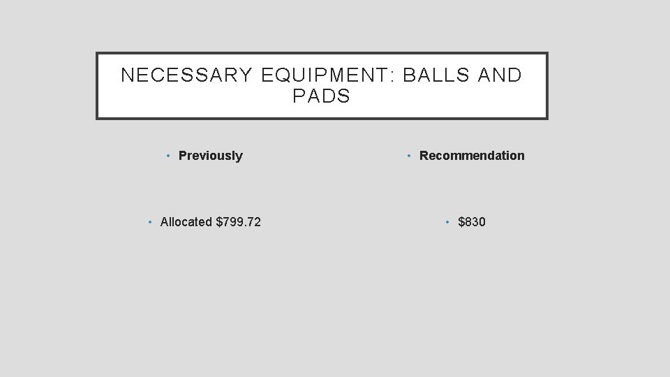 NECESSARY EQUIPMENT: BALLS AND PADS • Previously • Recommendation • Allocated $799. 72 •