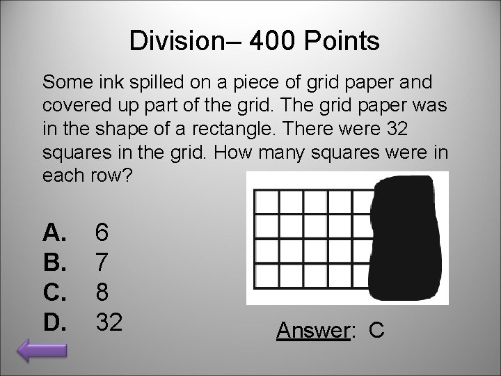 Division– 400 Points Some ink spilled on a piece of grid paper and covered