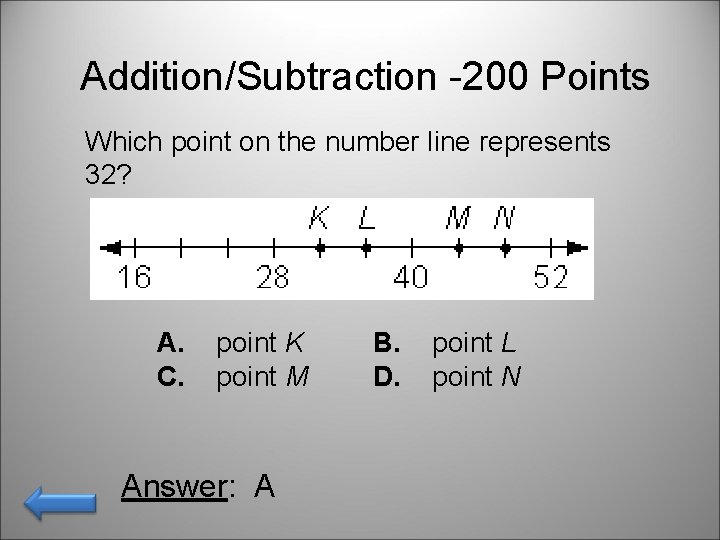 Addition/Subtraction -200 Points Which point on the number line represents 32? A. point K