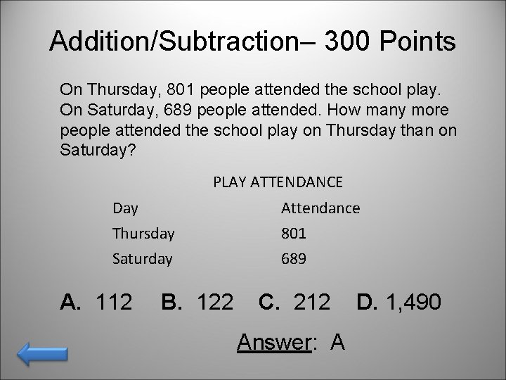 Addition/Subtraction– 300 Points On Thursday, 801 people attended the school play. On Saturday, 689