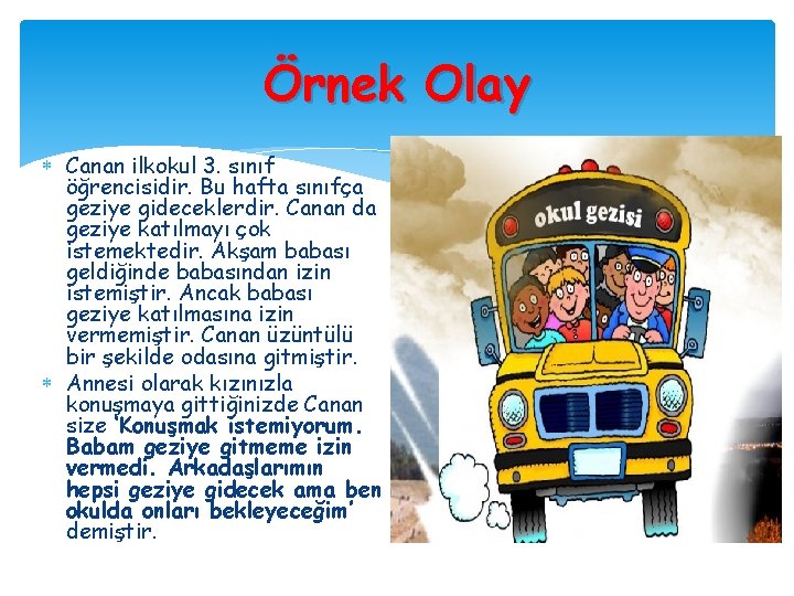 Örnek Olay Canan ilkokul 3. sınıf öğrencisidir. Bu hafta sınıfça geziye gideceklerdir. Canan da