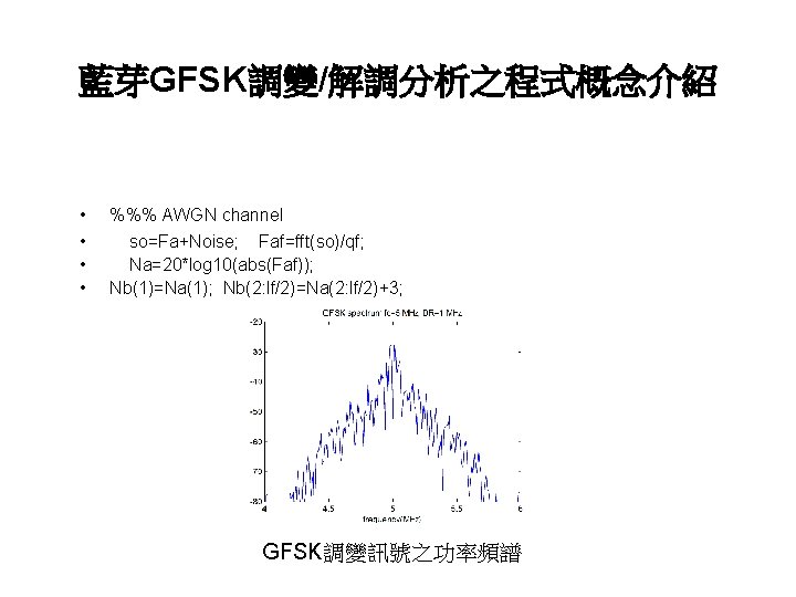 藍芽GFSK調變/解調分析之程式概念介紹 • • %%% AWGN channel so=Fa+Noise; Faf=fft(so)/qf; Na=20*log 10(abs(Faf)); Nb(1)=Na(1); Nb(2: lf/2)=Na(2: lf/2)+3;