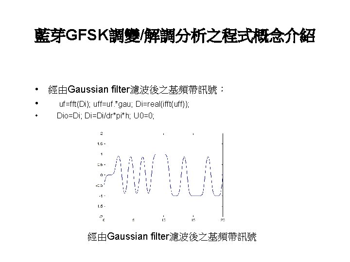 藍芽GFSK調變/解調分析之程式概念介紹 • 經由Gaussian filter濾波後之基頻帶訊號： • uf=fft(Di); uff=uf. *gau; Di=real(ifft(uff)); • Dio=Di; Di=Di/dr*pi*h; U 0=0;