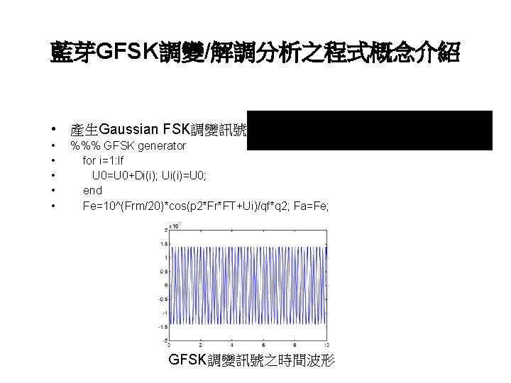 藍芽GFSK調變/解調分析之程式概念介紹 • 產生Gaussian FSK調變訊號： • • • %%% GFSK generator for i=1: lf U