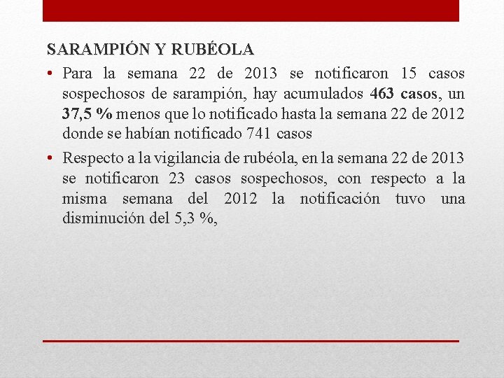 SARAMPIÓN Y RUBÉOLA • Para la semana 22 de 2013 se notificaron 15 casos