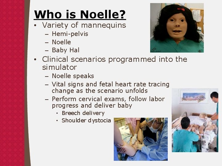 Who is Noelle? • Variety of mannequins – Hemi-pelvis – Noelle – Baby Hal