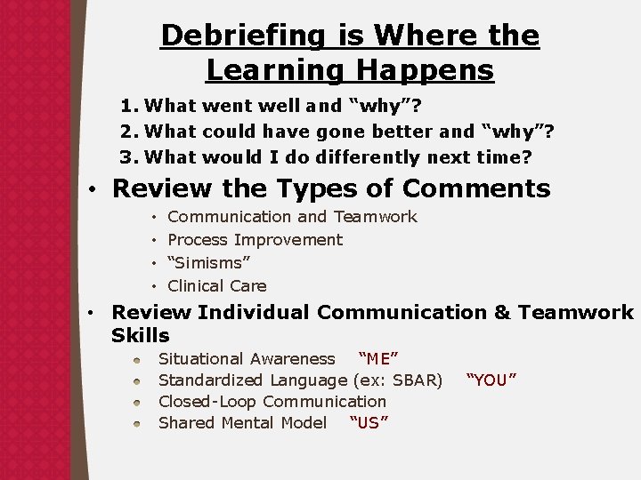 Debriefing is Where the Learning Happens 1. What went well and “why”? 2. What