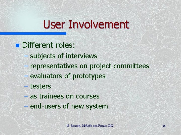 User Involvement n Different roles: – subjects of interviews – representatives on project committees