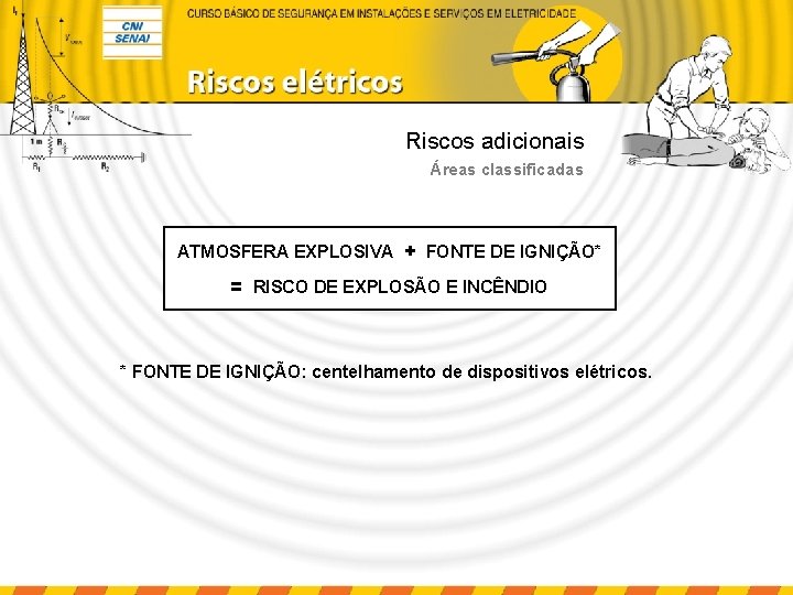 Riscos adicionais Áreas classificadas ATMOSFERA EXPLOSIVA + FONTE DE IGNIÇÃO* = RISCO DE EXPLOSÃO