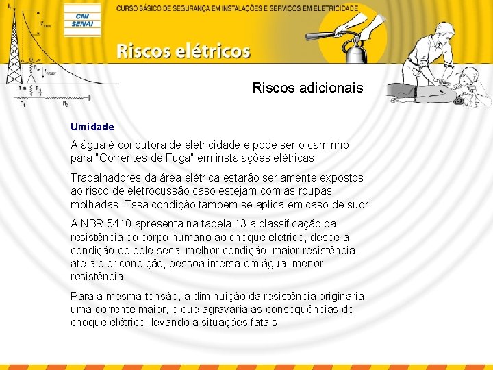 Riscos adicionais Umidade A água é condutora de eletricidade e pode ser o caminho