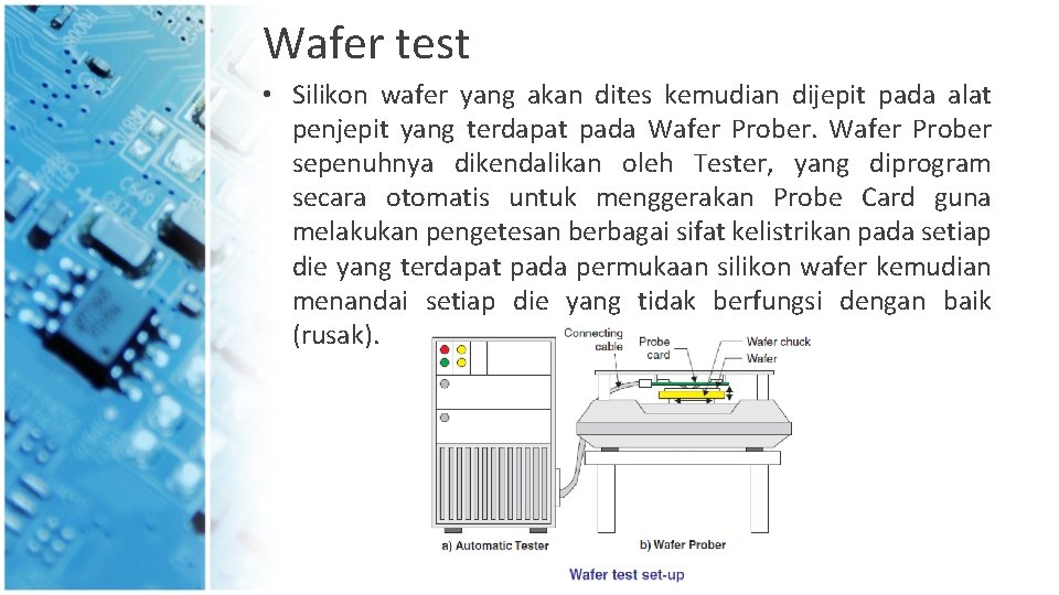 Wafer test • Silikon wafer yang akan dites kemudian dijepit pada alat penjepit yang