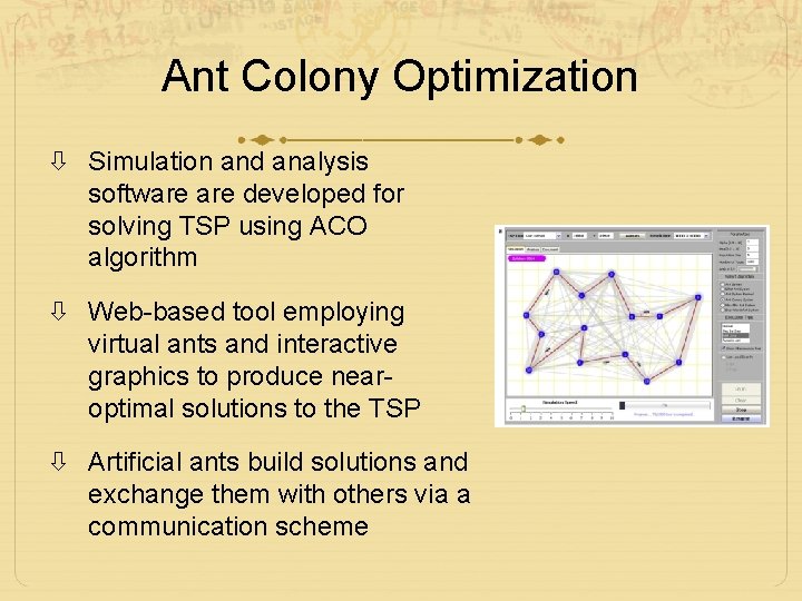 Ant Colony Optimization Simulation and analysis software developed for solving TSP using ACO algorithm