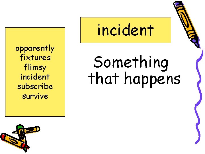 incident apparently fixtures flimsy incident subscribe survive Something that happens 