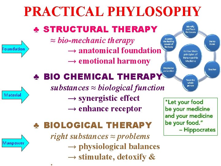 PRACTICAL PHYLOSOPHY Foundation Material Manpower ♣ STRUCTURAL THERAPY ≈ bio-mechanic therapy → anatomical foundation