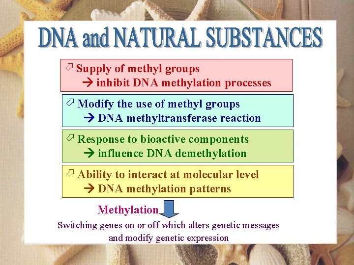 ö Supply of methyl groups inhibit DNA methylation processes ö Modify the use of